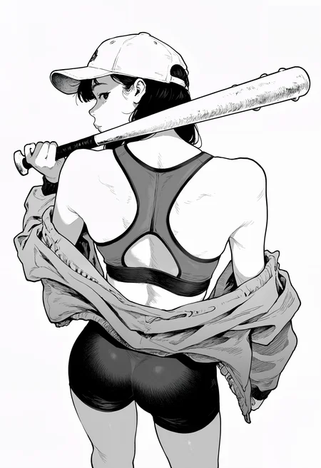 amazing quality, newest, absurdres, realistic, white background, monochrome, hatching \(texture\), 1girl, solo, from above, back focus, back view, looking back, open jacket, off-shoulder jacket, sports bra, bike shorts, baseball cap, baseball bat, over shoulder, holding, <lora:takayanagi_katsuya:0.8>