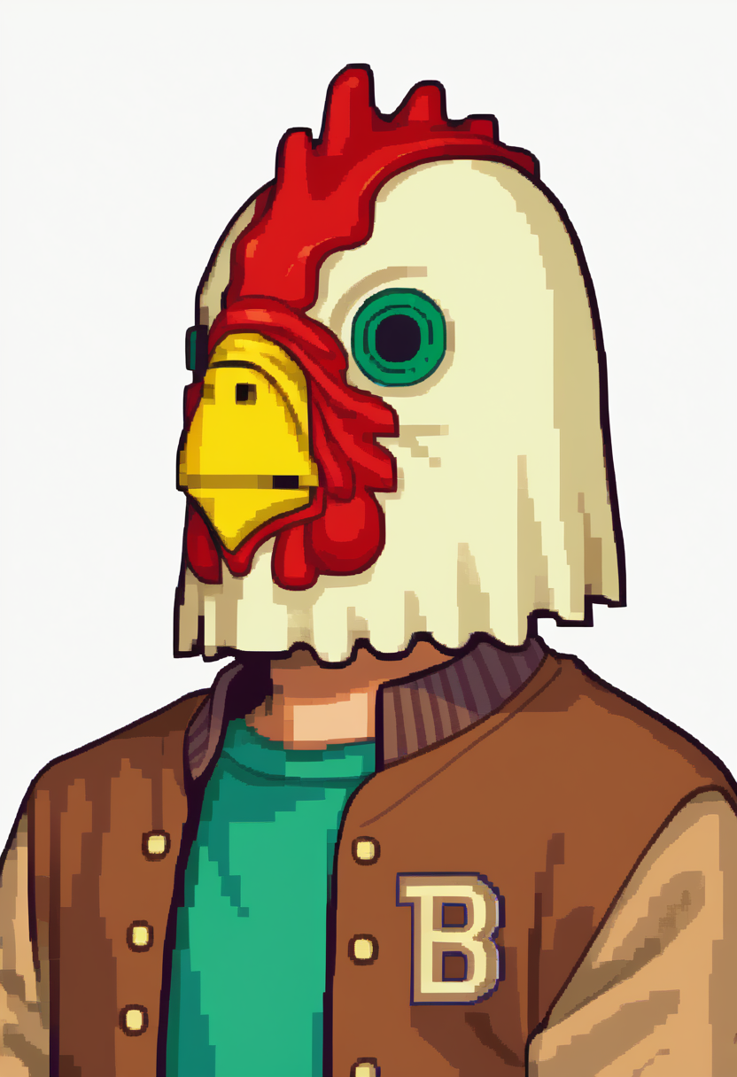 score_9, score_8_up, source_anime, 1boy, solo,  fegbaportraits, portrait, white background, JacketHotlineMiami, mask, letterman jacket, brown jacket, green shirt, <lora:ChamJacketHotlineMiamiPonyXL:1>, <lora:zs_FEGBAPortraitsXL:1>