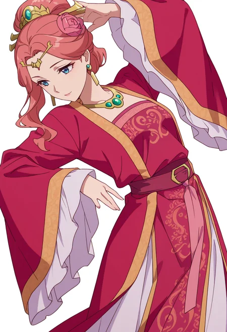 Smooth Quality,masterpiece,very intricate, high quality details, ultra realistic, high detailed skin,detailed enviorement,absurdres,
simple background, white background,solo,
front view,color drain,dancing,
<lora:Gyokuyou_CNR:0.8> gyokuyou_cnr, 1girl, red hair, pink hair, blue eyes, long hair,chinese clothes, dress, long sleeves, wide sleeves,earrings, necklace, jewelry