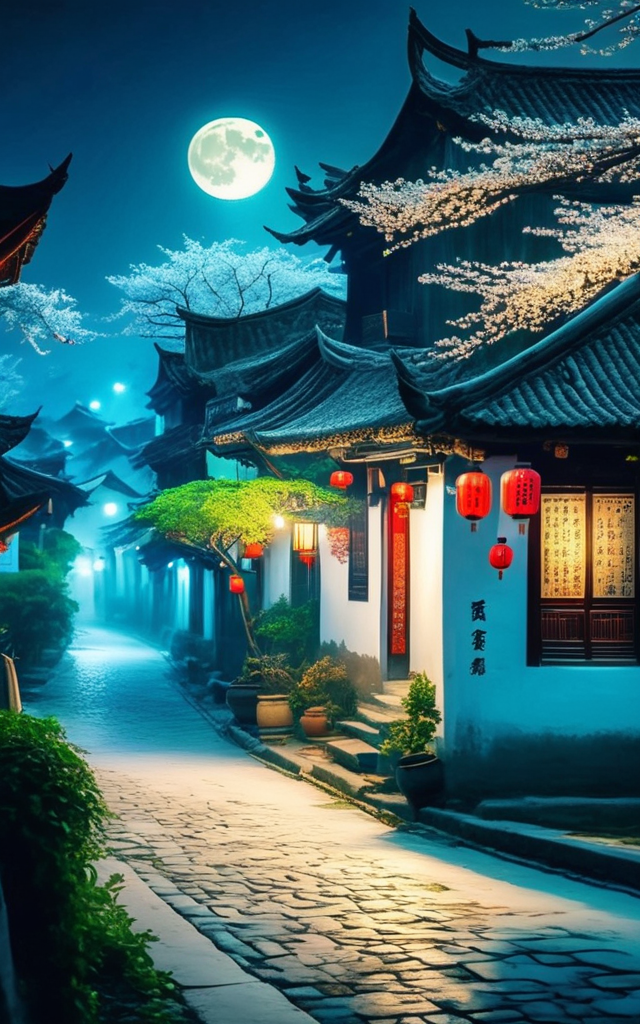 (highest quality), masterpiece, intricate, high detail, professional photo, 8k uhd, sharp focus, (realistic photograph:1.2), a village at night,jiangnan,<lora:csal_scenery:1>