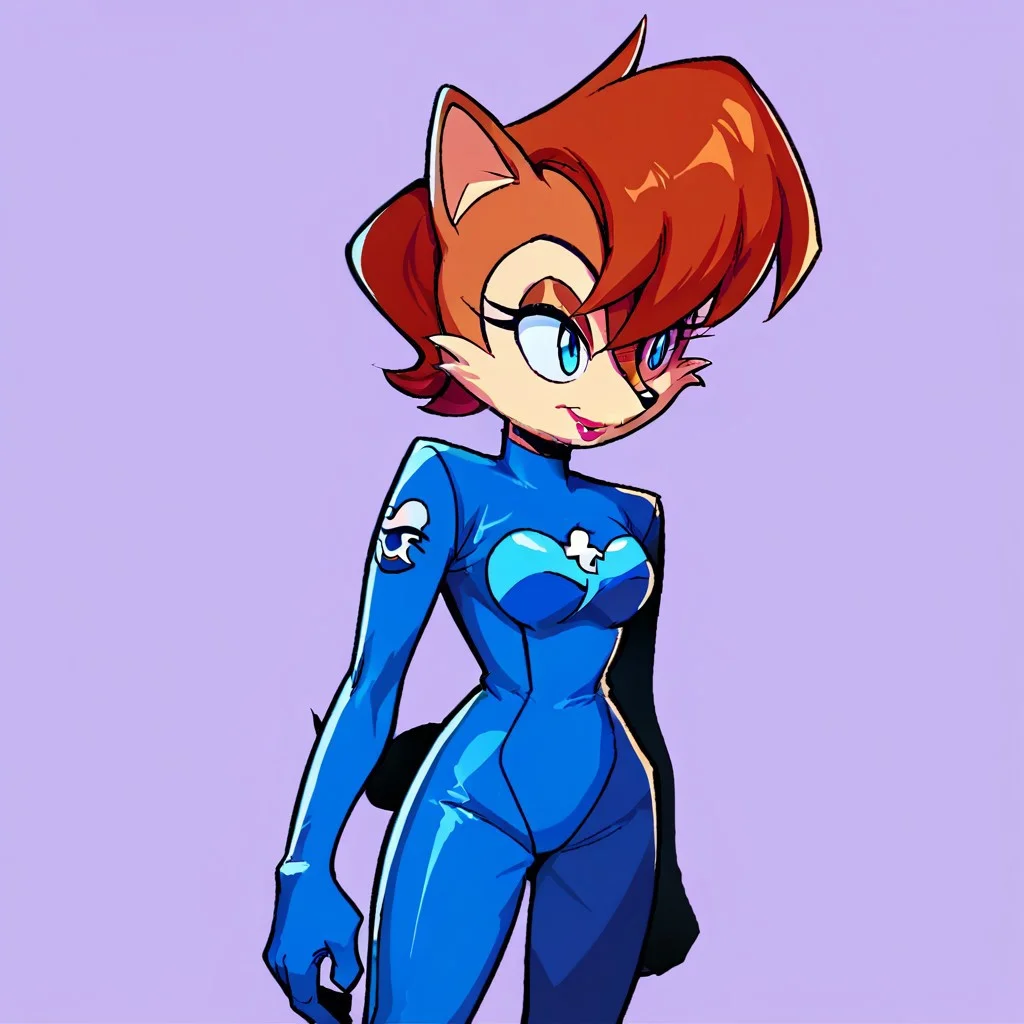 score_9, score_8_up, score_7_up, source_anime, 1girl, solo, sonicx_style, sally acorn, brown fur, two-toned fur, short hair, bangs, blue eyes, lipstick, makeup, blue bodysuit, cowboy shot