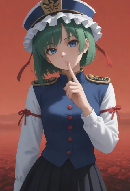 1girl, solo, solo focus, highres, absurdres, shikieiki, green hair, frilled hat, blue eyes, blue headwear, short hair,
long sleeves, black skirt, white shirt, blue vest, red ribbon, epaulettes, small breasts, arm ribbon, buttons, 
looking at viewer, head tilt, expressionless, hand up, 
red spider lily, flower field, red sky, dark, red theme,