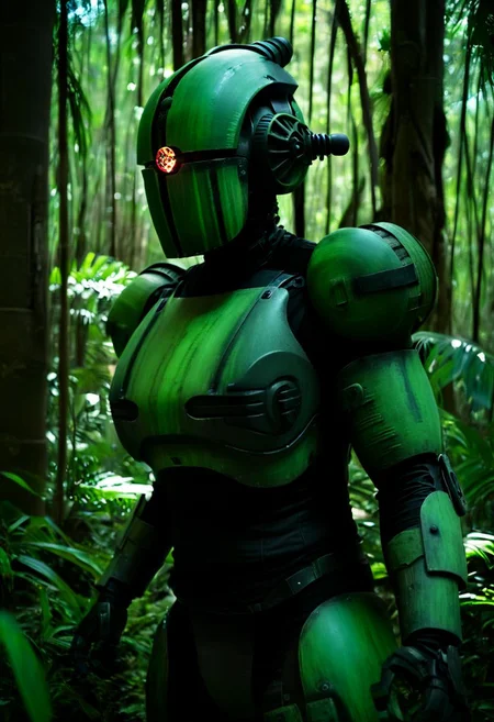easynegative, extremely detailed, dark, chiaroscuro, low-key, AssaultronCosplay, zavy-strps, a green assaultron robot, ((the assaultron has black stripes painted on its armor)), ((tiger stripes)), in the jungles of vietnam