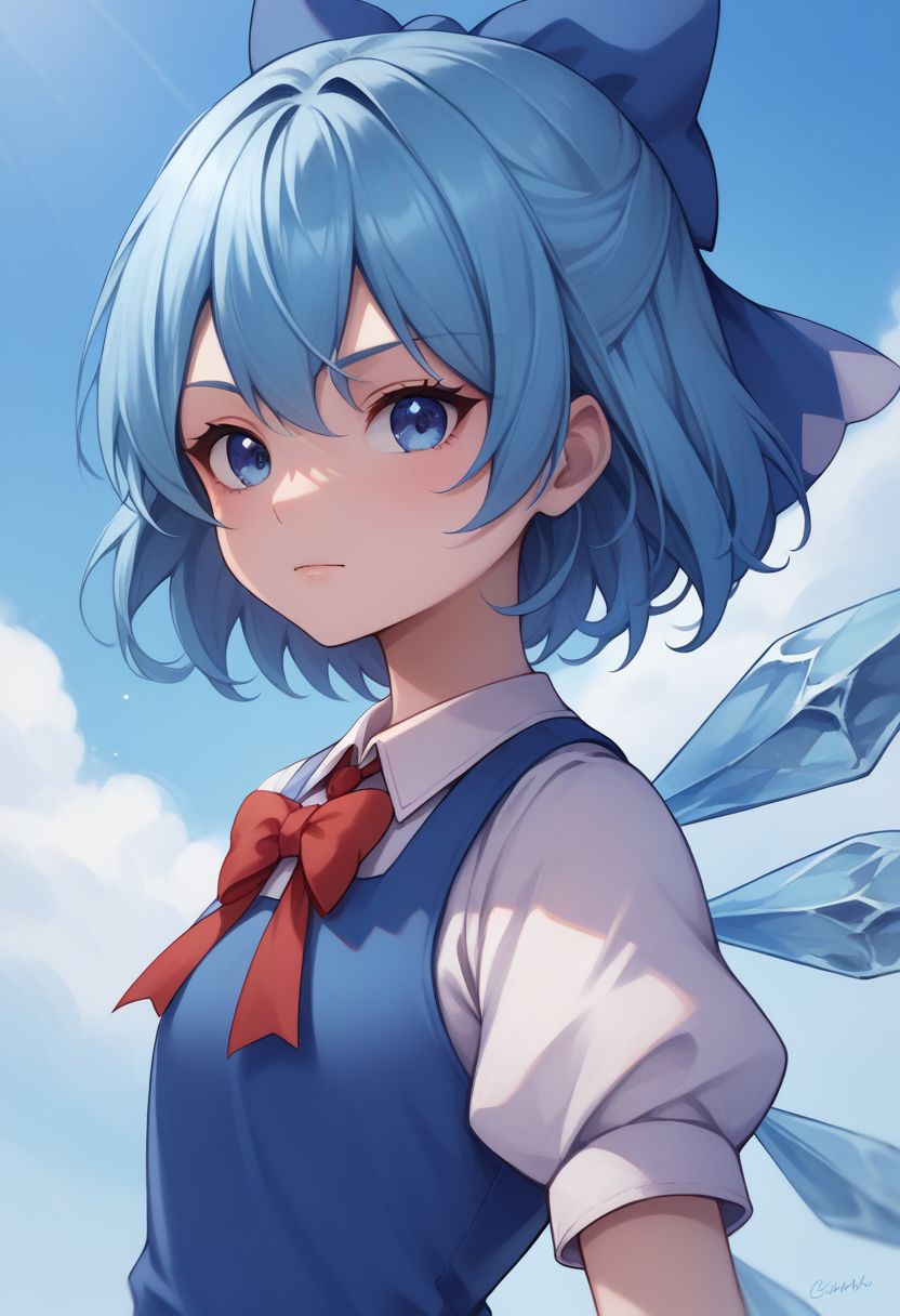 score_9, score_8_up, source_anime, highly detailed, 
cirno, 1girl, solo, wings, blue eyes, dress, bow, ice wings, blue hair, ice, blue dress, short sleeves, blue bow, short hair, hair bow, puffy sleeves, red ribbon, upper body,
outdoor,