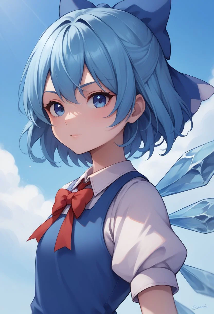 score_9, score_8_up, source_anime, highly detailed,
cirno, 1girl, solo, wings, blue eyes, dress, bow, ice wings, blue hair, ice, blue dress, short sleeves, blue bow, short hair, hair bow, puffy sleeves, red ribbon, upper body,
outdoor,