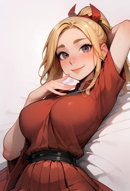 score_9, score_8, score_7, (absurdres), highres, (best quality), (highest quality), extremely detailed
, <lora:princess_xl_v2:0.8>
, <lora:odanon_style_v2:0.6>
, <lora:incase-ilff-v3-4:0.6>
, <lora:g0th1cPXL:0.4> g0thicPXL
, <lora:CitronAnimeTreasure:0.6>
, <lora:Round_Breasts_XL_XV7:0.3>
, <lora:Doujinshi_Booba_PDXL_V3:0.8>
, <lora:sagging-pony-v1.2:0.6>
, Expressiveh, <lora:Expressive_H:1.3>
,  happy, smile, 
, 1girl, (solo)
, pale skin
, high ponytail, no bangs, white hair ribbon, medium hair, 
, looking at viewer, detailed eyes, <lora:EnvyStarlightPrettyEyes01:0.6>, black eyes, lips, sexy nose, sharp eyebrows, big eyes, wide-eyed, [thick eyebrows]
, huge ass, thighs 
 , slim arms, slender arms, wide hips
, arm behind head, arched back,blush
, (simple background, no background, white background)
, daylight, makeup, black eyeliner, [red lipstick]
,lying down, on back
, BREAK
, , upper body, full body
, blonde hair
, BREAK
, red short dress, 
, blonde pleated bikini bottom