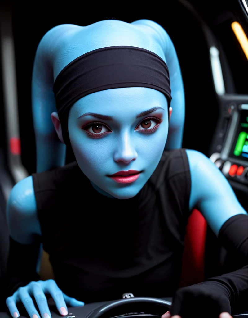 8k UHD, 1440p, hires, score_9, score_8_up, score_7_up, score_6_up, score_5_up, realistic, explicit, solo, intricate detail, perfect eyes, face focus, VaoM, KOTOR, Twi'lek, Lekku, alien, colored skin, blue skin, hairband, 1girl, solo, round face, puffy eyes, brown eyes, slim hips, thin legs, from front, cute, black shirt, vest, pants, boots, in cockpit <lora:Expressive_H:1> <lora:PerfectEyesXL:0.7> <lora:Pony_Mission-Vao_V1:1>