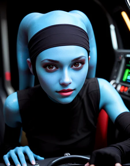 8k UHD, 1440p, hires, score_9, score_8_up, score_7_up, score_6_up, score_5_up, realistic, explicit, solo, intricate detail, perfect eyes, face focus, VaoM, KOTOR, Twi'lek, Lekku, alien, colored skin, blue skin, hairband, 1girl, solo, round face, puffy eyes, brown eyes, slim hips, thin legs, from front, cute, black shirt, vest, pants, boots, in cockpit <lora:Expressive_H:1> <lora:PerfectEyesXL:0.7> <lora:Pony_Mission-Vao_V1:1>