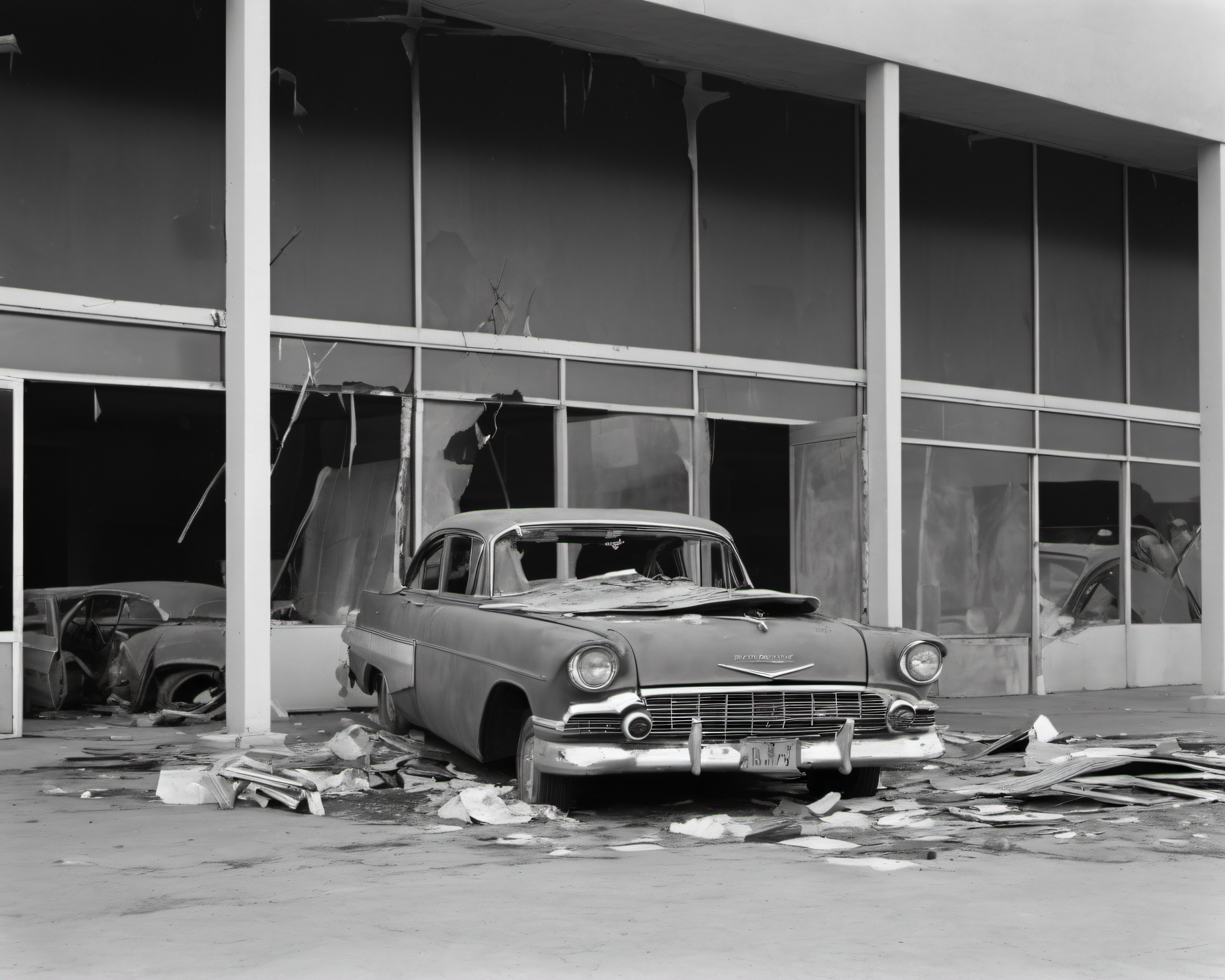 in a post-apocalyptic abandoned shopping plaza, broken storefront windows, debris-filled dried fountain, abandoned cars., by Dorothea Lange, SZ_4poXL enviroment   <lora:Post ApocalypticXL_v2:0.6>