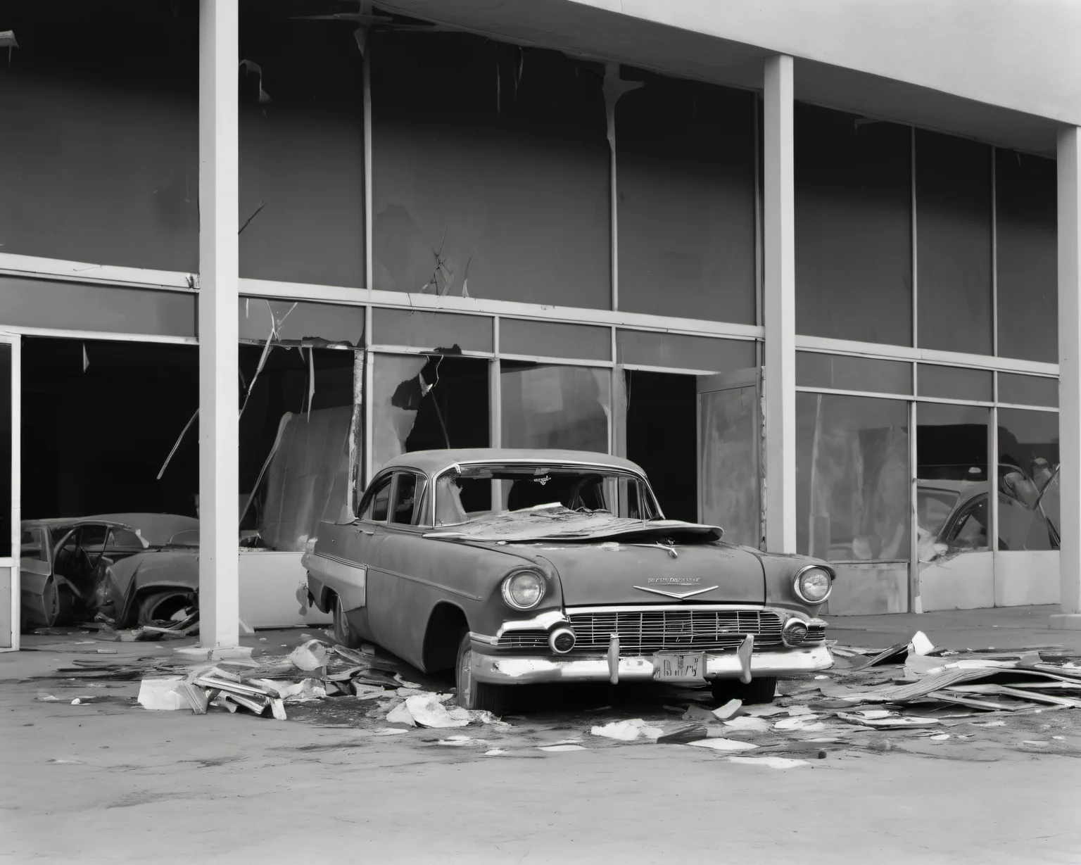 in a post-apocalyptic abandoned shopping plaza, broken storefront windows, debris-filled dried fountain, abandoned cars., by Dorothea Lange, SZ_4poXL enviroment <lora:Post ApocalypticXL_v2:0.6>