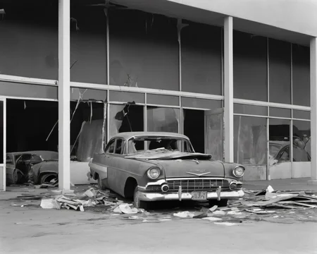 in a post-apocalyptic abandoned shopping plaza, broken storefront windows, debris-filled dried fountain, abandoned cars., by Dorothea Lange, SZ_4poXL enviroment   <lora:Post ApocalypticXL_v2:0.6>
