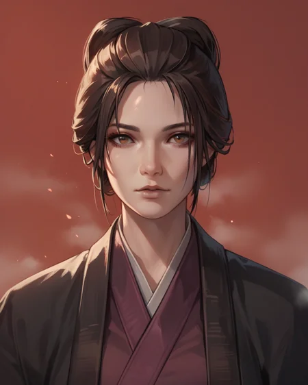 score_9, score_8_up, score_7_up, source_anime, 1girl, upper body, blurred background, (fog:1.2), red background, solo, EmmaSekiro, brown eyes, <lora:EmmaSekiro:0.6>