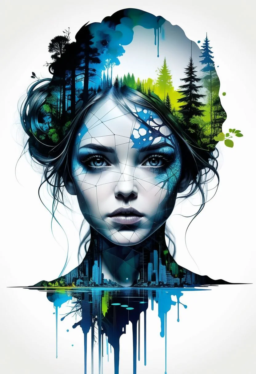 mysterious silhouette of woman from the enchanted pond, abstract art, by Minjae Lee, Carne Griffiths, Emily Kell, Geoffroy Thoorens, Aaron Horkey, Jordan Grimmer, Greg Rutkowski, extraordinary depth, masterpiece, surreal, geometric patterns, extremely detailed, bokeh, perfect balance , deep and thin edges, artistic photorealism, smoothness, excellent masterpiece by the head of rapid engineering, (white background: 1.2),