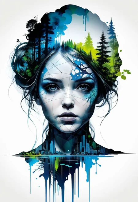 mysterious silhouette of woman from the enchanted pond, abstract art, by Minjae Lee, Carne Griffiths, Emily Kell, Geoffroy Thoorens, Aaron Horkey, Jordan Grimmer, Greg Rutkowski, extraordinary depth, masterpiece, surreal, geometric patterns, extremely detailed, bokeh, perfect balance , deep and thin edges, artistic photorealism, smoothness, excellent masterpiece by the head of rapid engineering, (white background: 1.2),