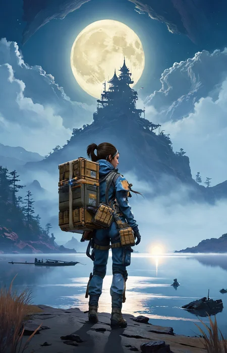 a lovely fascinated girl carries a sizable cargo while wielding a firearm, encapsulating the game's unique blend of isolation and combat., a vast, A moonlit lake, with fog rolling over the water and mysterious shapes beneath the surface sky ,moon just appeared ,Command base in background, a girl wearing with armor,weapon, headgear,motocycle bpk, backpacker, <lora:BPKXLV1-000003:0.8>
