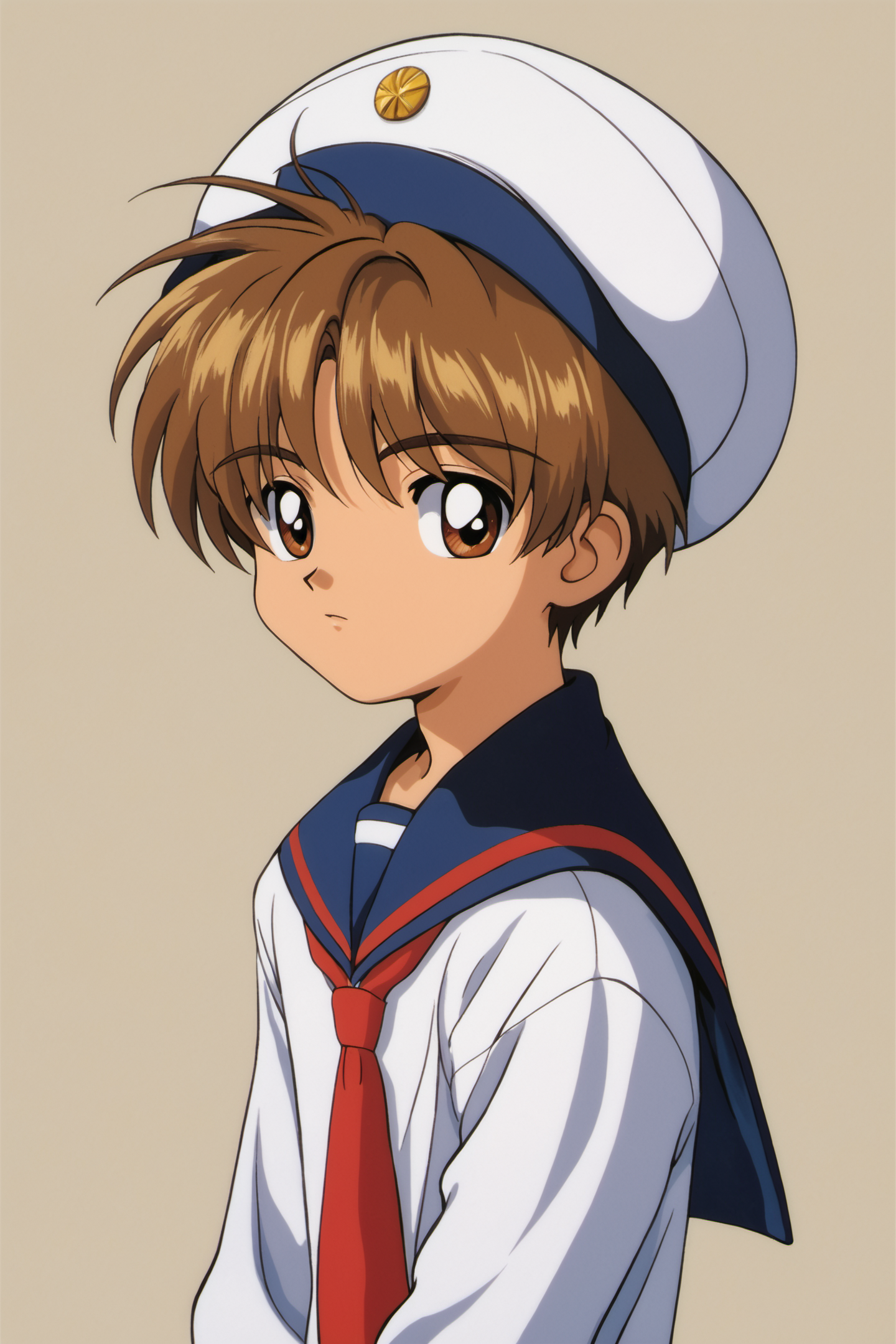 male focus,1boy,Li Syaoran,solo,brown hair,male child,school uniform,brown eyes,tomoeda elementary school uniform,hat,simple background,white background,sailor hat,looking at viewer,long sleeves,child,white headwear,retro artstyle,1990s (style),score_9,score_8_up,<lora:Card Captor Sakura Anime_XL_PONY:0.9>,