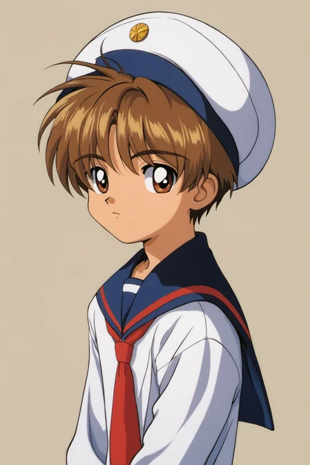 male focus,1boy,Li Syaoran,solo,brown hair,male child,school uniform,brown eyes,tomoeda elementary school uniform,hat,simple background,white background,sailor hat,looking at viewer,long sleeves,child,white headwear,retro artstyle,1990s (style),score_9,score_8_up,<lora:Card Captor Sakura Anime_XL_PONY:0.9>,
