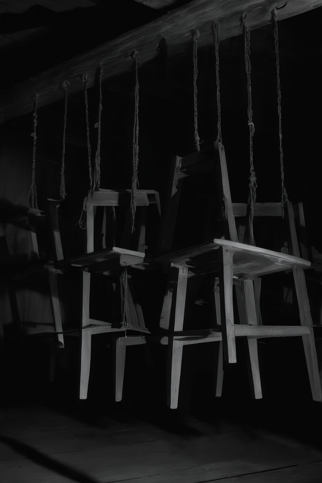 <lora:Photographer Elena Helfrecht Style:1>Photographer Elena Helfrecht Style - a group of wooden chairs hanging from a wooden beam in a dark room