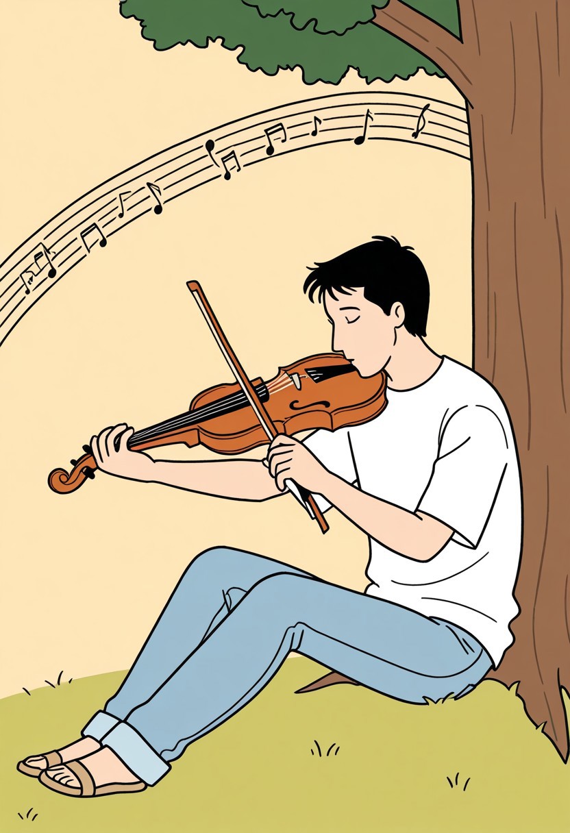 Jfk_style, detailed, vibrant colors, 1man, playing violin, under tree, white shirt, denim pants, girls sitting and listen to him, music sounds, music waves