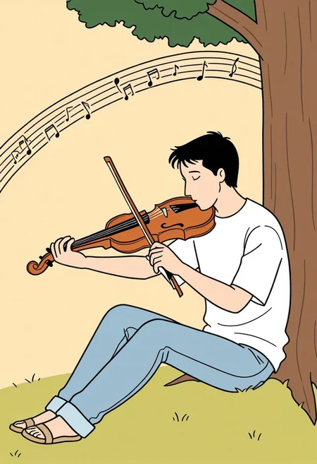Jfk_style, detailed, vibrant colors, 1man, playing violin, under tree, white shirt, denim pants, girls sitting and listen to him, music sounds, music waves