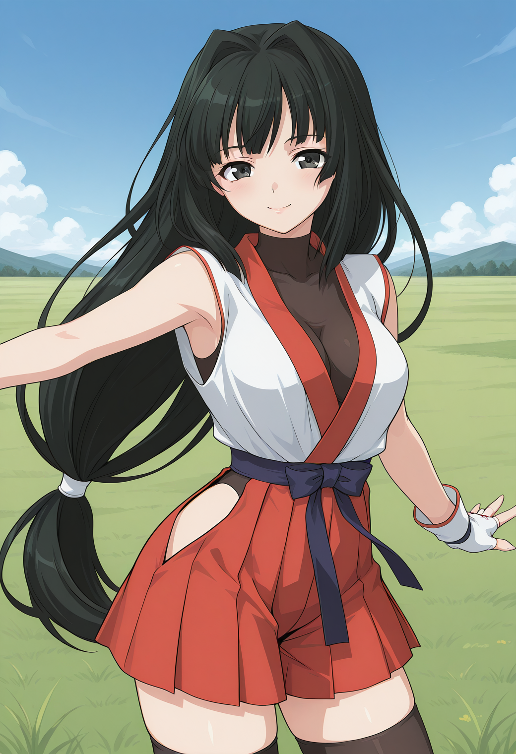 best quality, very aestkusanagi_mikoto, black eyes, black hair, long hair, very long hair, low-tied long hair, hair intakes, fingerless gloves, covered collarbone, cleavage, japanese clothes, sleeveless, hakama skirt, red hakama, zettai ryouiki, black thighhighs, <lora:kusanagi_mikoto_illustrious_ver2:0.8> 
smile,, masterpiece, best quality, sensitive,, 1girl, solo, blue sky, (grasslands:1.2), looking at viewer,, (cowboy shot, dynamic pose:1.4),
