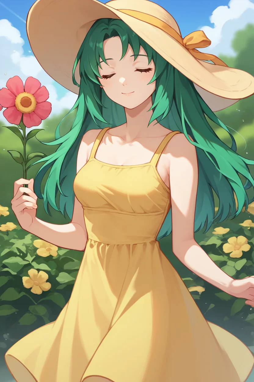 score_9, score_8_up, score_7_up, score_6_up, source_anime, BREAK 1girl, solo, <lora:fececilia-pdxl-nvwls-v1:1> defCeci, green hair, sun hat, yellow sundress, medium breasts, closed eyes, smile, garden