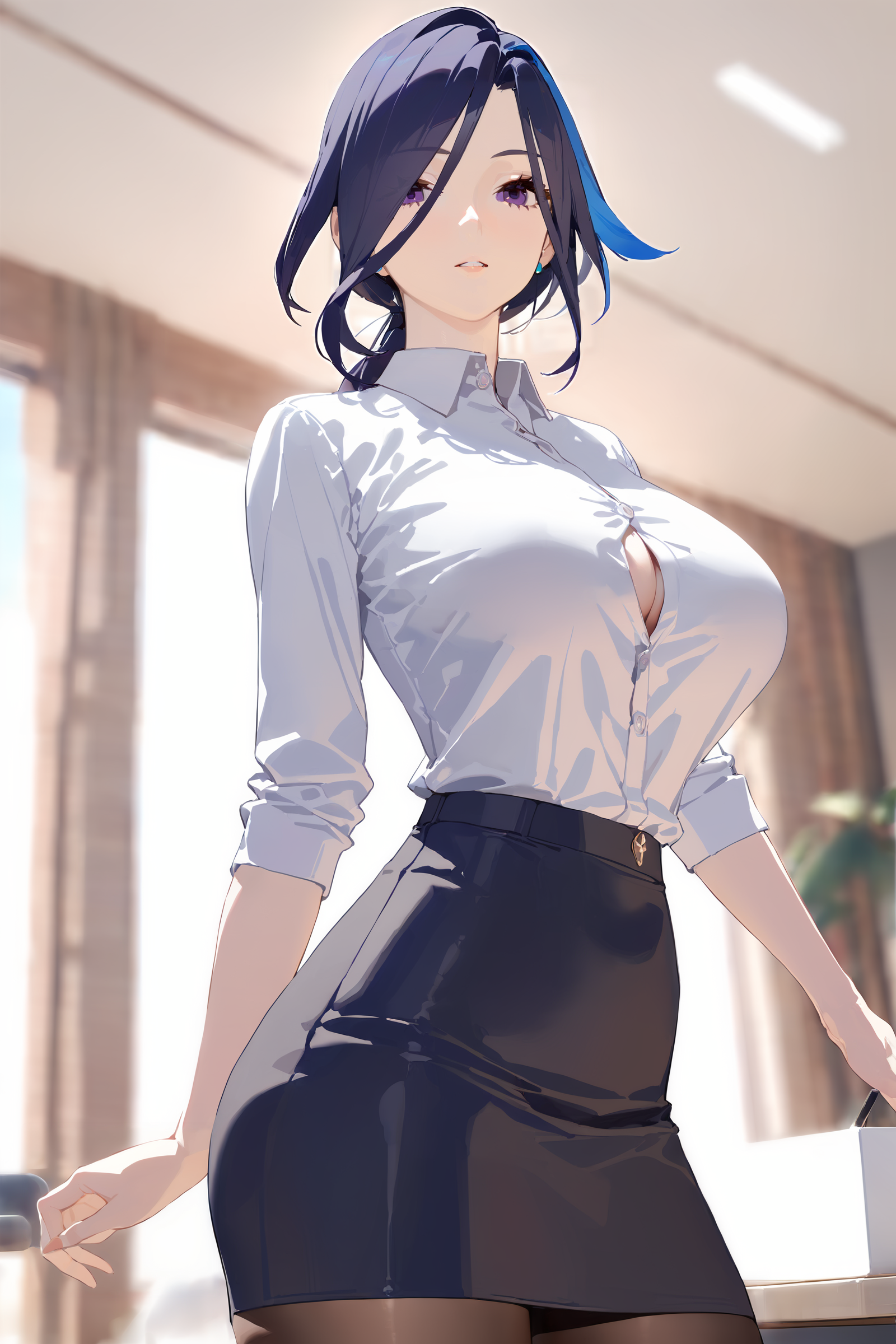 masterpiece, best quality, perfect features, intricate details, ray tracing, newest,(hitenkei, askzy:0.4), 1girl, clorinde \(genshin impact\), office lady, collared shirt, pencil skirt, black pantyhose, looking at viewer, parted lips, cowboy shot, office, indoors, depth of field, milf, mature female <lora:quality1:0:hr=1>,  <lora:Char-Genshin-Clorinde-XL-V1:0.9>
