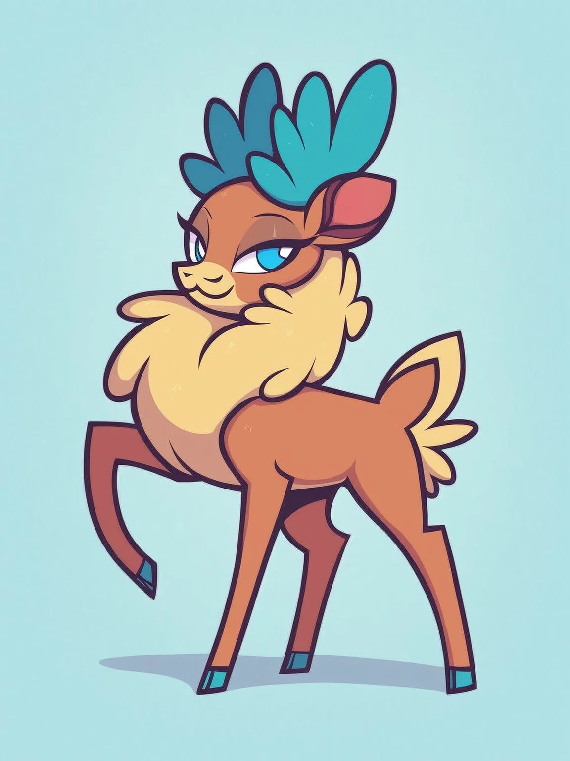source_furry,
score_8,
score_6.
score_7,
2d,
anime,
<1girl:1.5>,
<solo:1.5>,
<simple background:1.5>,
<white background:1.5>,
reindeer,
reindeer_girl,
feral,
velvet_fherds, no humans, reindeer_girl, blue eyes, solo, full body, smile, standing, closed mouth, blue background, simple background, feral,
<lora:Velvet_Fightin_Herds_Pony_SDXL:1> velvet_fherds,
<lora:Pony_DetailV2.0:1>,, standing,
dancing,
waving hands,