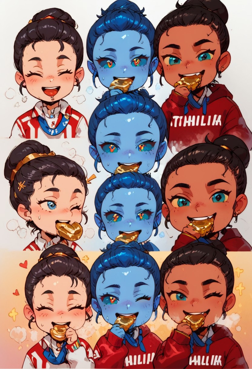 32k, Expressiveh, score_9, score_8_up, 3Girls, smiling,wink,gold medal,bronze medal,silver medal,biting medal, blue hair, colored skin, (blue skin), blue eyes, (colored sclera, blue sclera), red hoodie, medium hair, wet, sweat, steamy, steam, oil, oiled up, oily skin,