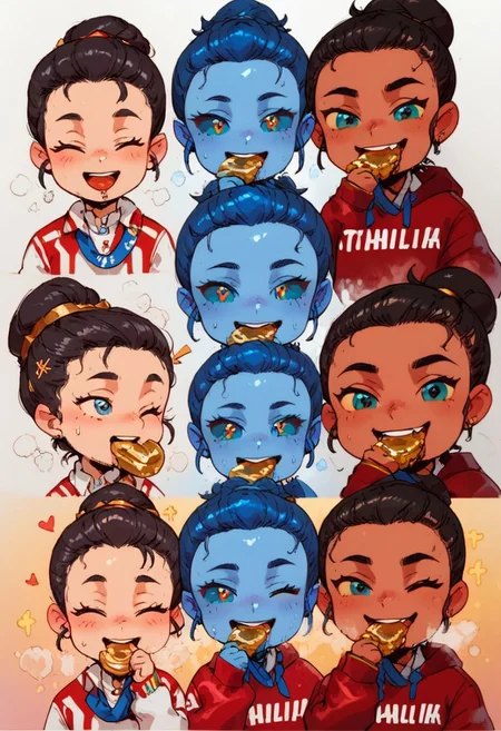 32k, Expressiveh, score_9, score_8_up, 3Girls, smiling,wink,gold medal,bronze medal,silver medal,biting medal, blue hair, colored skin, (blue skin), blue eyes, (colored sclera, blue sclera), red hoodie, medium hair, wet, sweat, steamy, steam, oil, oiled up, oily skin,