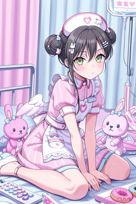 masterpiece, best quality, amazing quality,
 <lora:Tae_IL:1> tae, 1girl, double bun, stuffed toy, hat, hair bun, hair ornament, dress, stuffed animal, nurse cap, food, sitting, short sleeves, stuffed bunny, apron, nurse, hairclip, green eyes, doughnut, pink dress, solo, looking at viewer, puffy short sleeves, wariza, black hair, wings