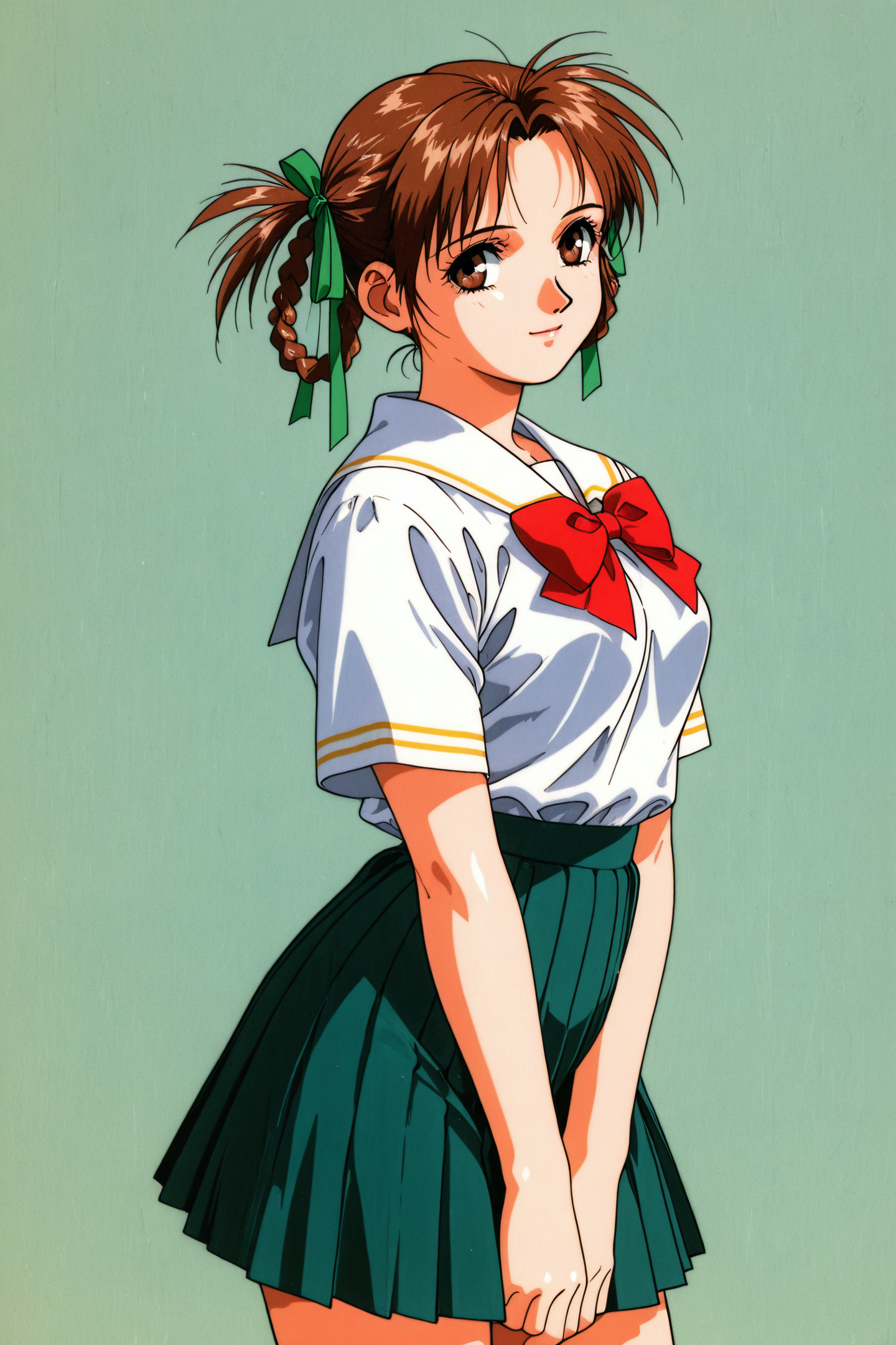 Sawa,school uniform,braid,brown hair,skirt,1girl,brown eyes,braided hair rings,green ribbon,solo,pleated skirt,v arms,twin braids,looking at viewer,hair rings,retro artstyle,1990s \(style\),red bow,
<lora:Yasuomi Umetsu_illustriousXL:0.8>,