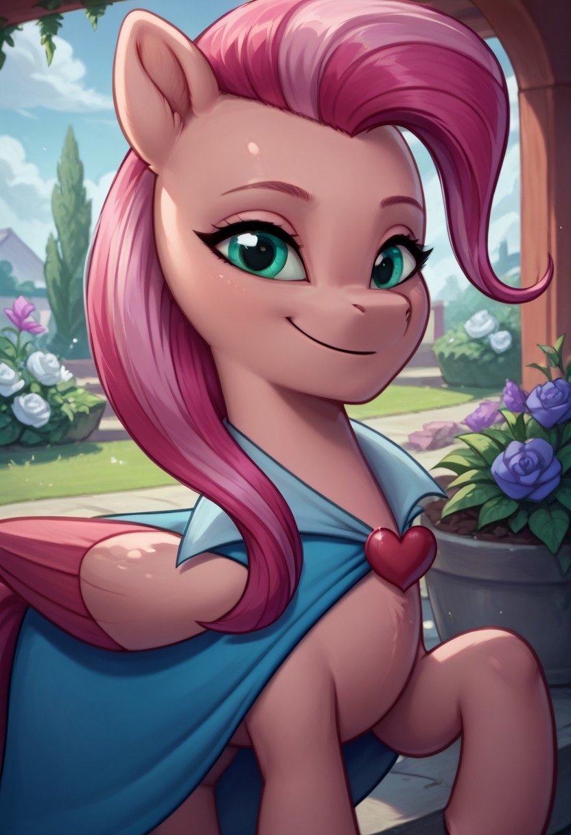 safe_pos, safe_pos, score_9, score_8_up, score_7_up, score_6_up,
Fantastic Shimmer
pink body
sea-green eyes
hair and tail Hot pink
blue cape with Golden Heart
pegasus


 realistic illustration, dramatic angle, outside, garden, (day), 1girl, solo, pony, my little pony,  body, shiny skin,  looking at you, happy playful, cheerful dramatic 
solo