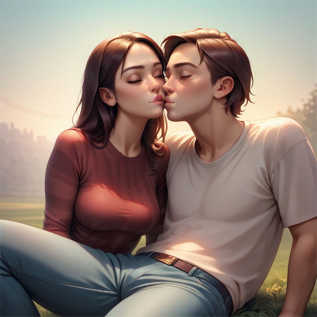 (Ultra Realistic:1.0),32k,(Masterpiece:1.0),(High Detailed Skin:1.0),( High Quality:1.0), (Detailed Realistic Background:1.3), (Realistic Lighting:1.0), volumetric lighting, score_9, score_8_up, score_7_up, 1girl, 1boy, hetero, kissing cheek, shirt, pants, picnic