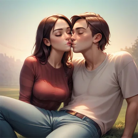 (Ultra Realistic:1.0),32k,(Masterpiece:1.0),(High Detailed Skin:1.0),( High Quality:1.0), (Detailed Realistic Background:1.3), (Realistic Lighting:1.0), volumetric lighting, score_9, score_8_up, score_7_up, 1girl, 1boy, hetero, kissing cheek, shirt, pants, picnic