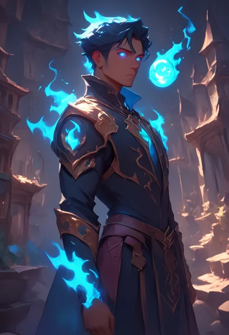 score_9, score_8_up, score_7_up, upscale 2x,(A cinematic shot of a beautiful witch with purple stylish hair, purple glowing eyes, standing with her back against the camera, looking over her shoulder, wearing a blue purple and white magical bodysuit with rich details, holding a blue burning fire orb in one hand, blue fire around her:1.2), hkmagic, Fuchsia, Dreamscape Style, Glowing Style