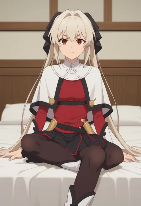 score_9, score_8_up, score_7_up, score_6_up, score_5_up, score_4_up , anime coloring ,BREAK source_anime, anime,screencap, 1girl, solo, lynneburg, bracers, hair ribbon, white boots, skirt, black pantyhose, red shirt, white capelet, belt, <lora:PonyXL Parry Lynne:1> indoors,bedroom smile, looking at viewer, sitting on bed,