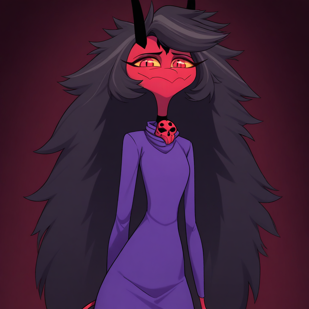 masterpiece, best quality, newest, absurdres, highres, anime, anime style, 1girl, HelluvaBossTillav1, demon girl, tall imp, horns, black horns, dress, Purple dress, black hair, very long hair, tall, tall woman, skull necklace, necklace, jewelry, yellow sclera, colored skin, colored sclera