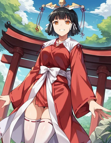 score_9, score_8_up, score_7_up, source_anime,
kuroinukaguya, <lora:kuroinu-kaguya-ova-ponyxl-lora-nochekaiser:1>,
kaguya, black hair, orange eyes, hime cut, short hair,
thighhighs, japanese clothes, miko, headdress,
outdoors, shrine, smile,
looking at viewer, cowboy shot, dutch angle, solo,