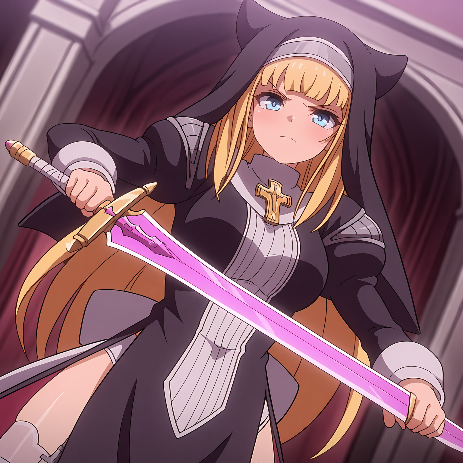 masterpiece,best quality,amazing quality,  depth of field, (solo:1.2), <lora:Charlotte_Futsuma_Shoujo:0.8> enchal, nouo, blonde hair, blue eyes, nun, holding sword, determined, standing, dutch angle, cowboy shot,