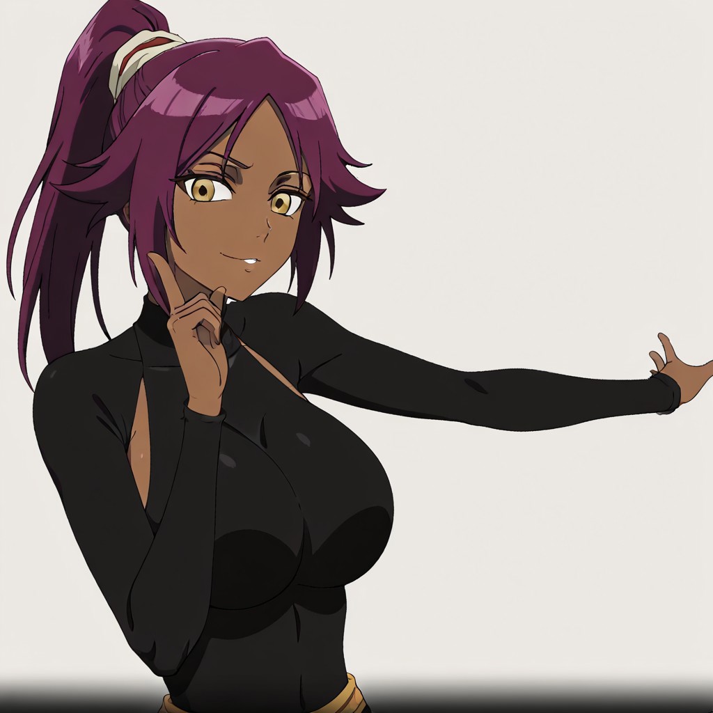 masterpiece, best quality, newest, absurdres, highres, anime, anime style, ONKDDV1.0, dance, finger to cheek, hoshino ruby dance, outstreched arm, pointing at self, 
1girl, shihouin yoruichi (bleach), dark-skinned female, yellow eyes, ponytail, Purple hair,