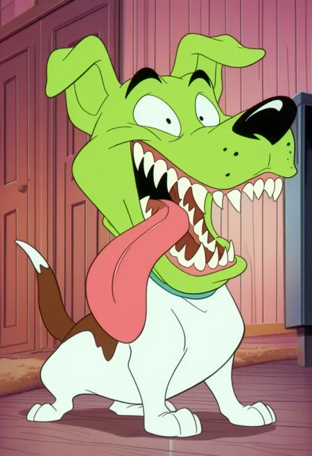 masterpiece, best quality, amazing quality, The Mask dog, Milo, 1boy, dog, jack russel terrier, green head, green face, black eyes, black nose, sharp teeth, long tongue, white and brown fur,, bara, full body, smile