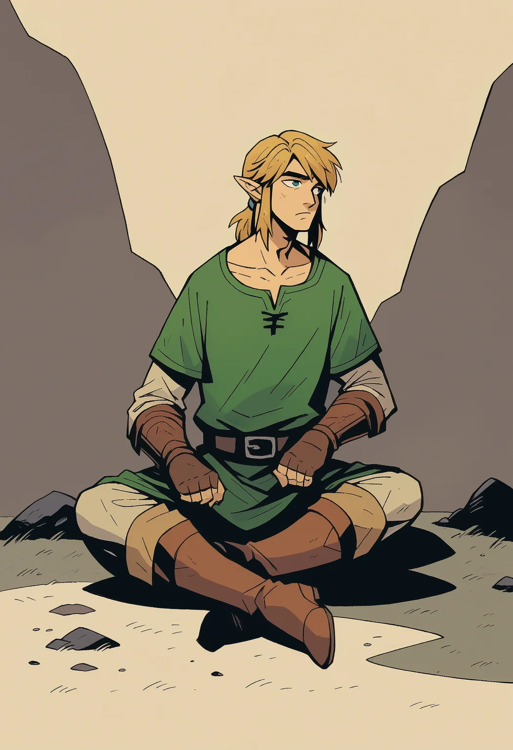 score_9, score_up_7, <lora:Mike_Mignola-guy90-Pony-Lycorisv1:1> alomik, 1boy, solo, link, blonde hair, green shirt, outdoors, sitting, shadow
