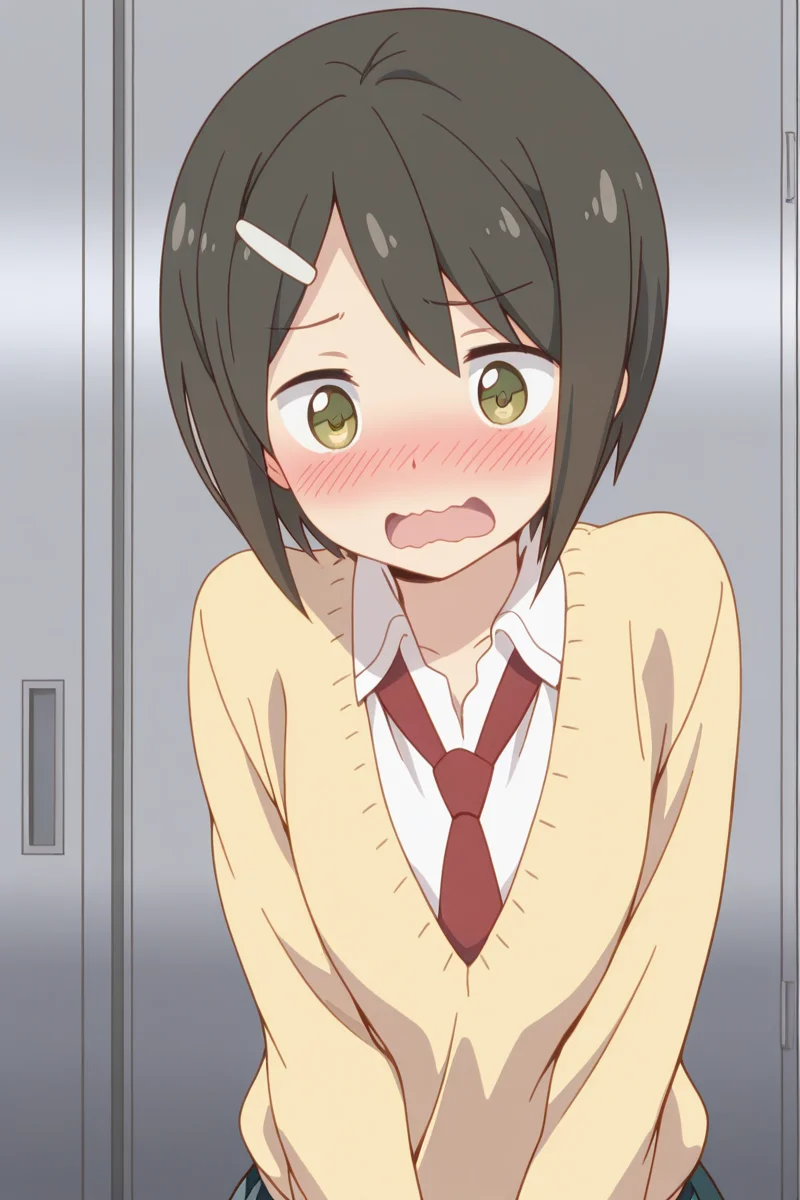 masterpiece, best quality, amazing quality,
<lora:Kaede_IL:1> kaede, 1girl, blush, solo, hair ornament, necktie, hairclip, short hair, school uniform, open mouth, black hair, wavy mouth