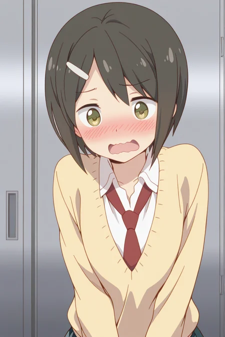 masterpiece, best quality, amazing quality,
<lora:Kaede_IL:1> kaede, 1girl, blush, solo, hair ornament, necktie, hairclip, short hair, school uniform, open mouth, black hair, wavy mouth