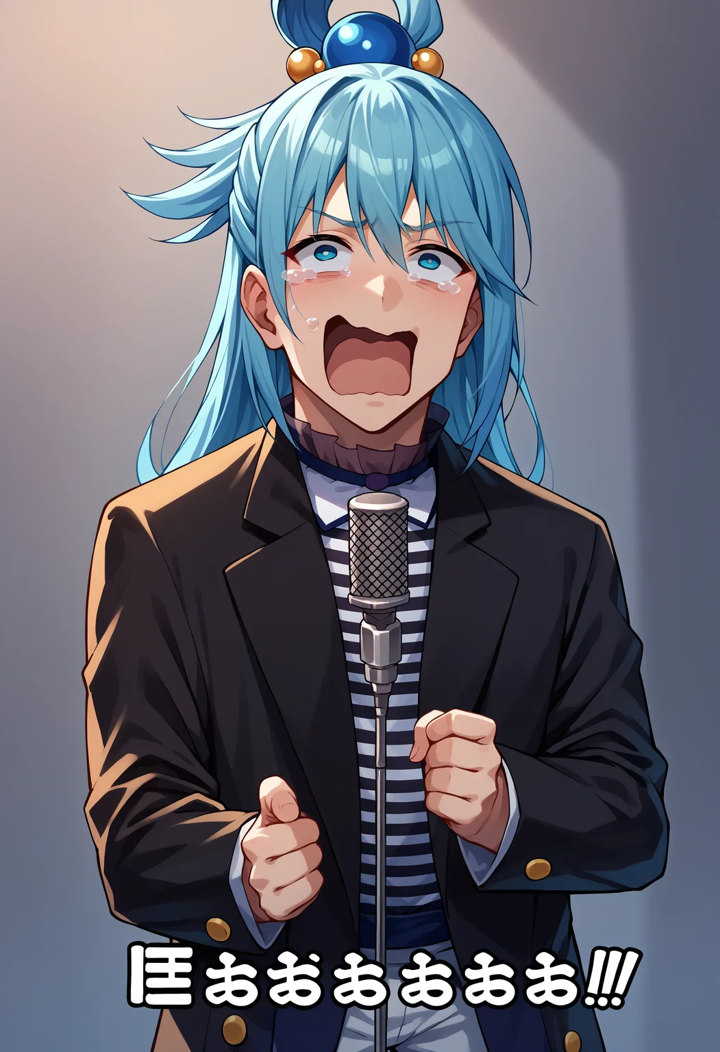 score_9, score_8_up, score_7_up, source_anime, 1boy, IncrsNeverGonnaGiveUUp, smile, looking at viewer, microphone, microphone stand, upper body, black jacket, striped shirt, open mouth, suit, open jacket, <lora:NeverGonnaGiveYouUp_XLPD:1>, <lora:concept_aquascreaming_ponyXL:1> aquascreaming, screaming, crying with eyes open, aqua \(konosuba\),