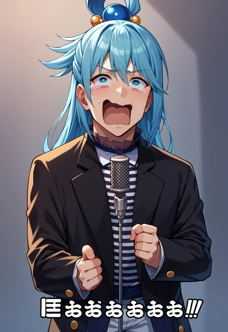 score_9, score_8_up, score_7_up, source_anime, 1boy, IncrsNeverGonnaGiveUUp, smile, looking at viewer, microphone, microphone stand, upper body, black jacket, striped shirt, open mouth, suit, open jacket, <lora:NeverGonnaGiveYouUp_XLPD:1>, <lora:concept_aquascreaming_ponyXL:1> aquascreaming, screaming, crying with eyes open, aqua \(konosuba\),
