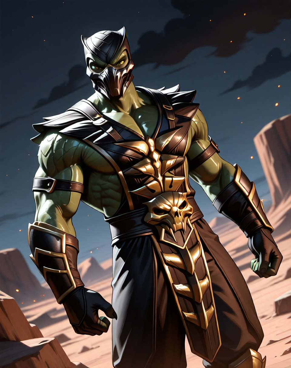 <lora:Reptile_X_(Mortal_Kombat)_(Illustrious)_(AD):0.85> Reptile_MK, muscular, Mortal Kombat, 
dutch angle, exterior, monumental architecture, wasteland, dark night sky with black clouds, 
male focus, gradient coloring, villain, intimidating, fierce, hyper muscular, 
BREAK very awe, aesthetically pleasing, masterpiece, best quality, amazing quality, very aesthetic, perfect depth of field shot, in'ei, source_furry, furry_art, 
Smooth Quality, lazympos, IllustQualXL_Pos,