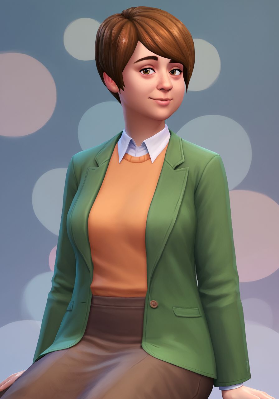 score_9, score_8_up, score_7_up, BREAK, portrait, facing viewer, looking at viewer, sitting pose, portrait studio, abstract background, textured portrait backdrop, upper body, <lora:maa1k3TS4:1> maa1k3ts4, plus-sized, short hair, brown hair, orange sweater, white blouse, brown skirt, green jacket,