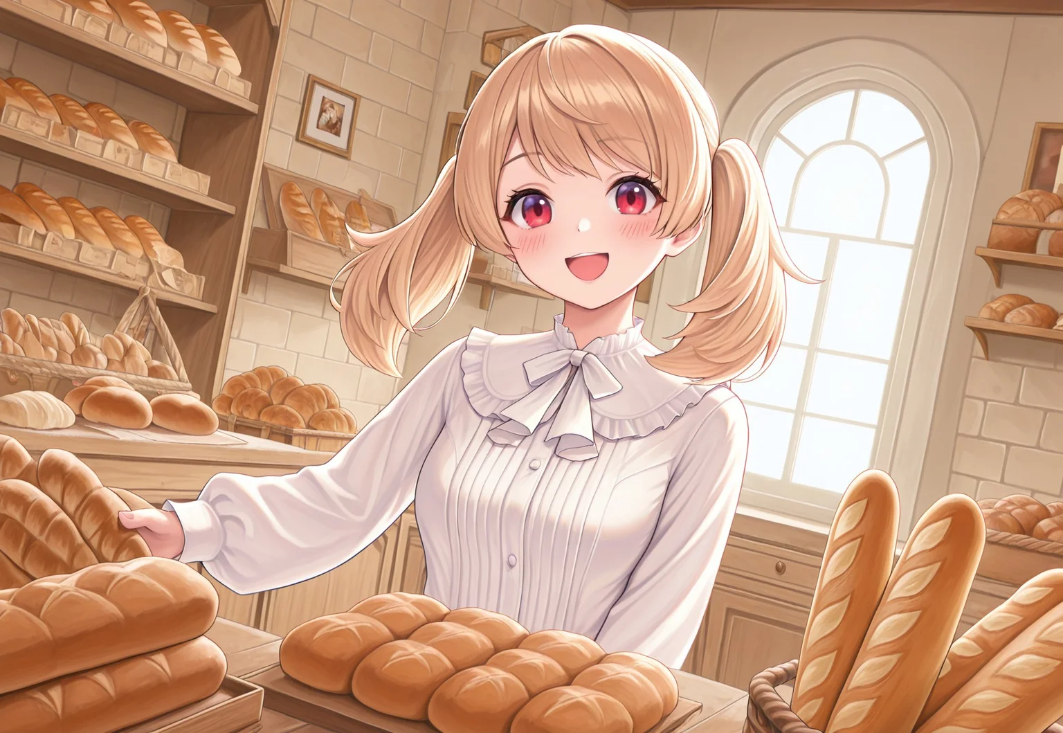 highres, best quality, bak3ry, bakery, indoors, shop, bread, baguette, window,
1girl, KRMay, blonde hair, twintails, red eyes, blouse, long sleeves, white shirt, very aesthetic, absurdres, newest, dynamic pose, dynamic angle, looking at viewer, blush, smile, opened mouth, 